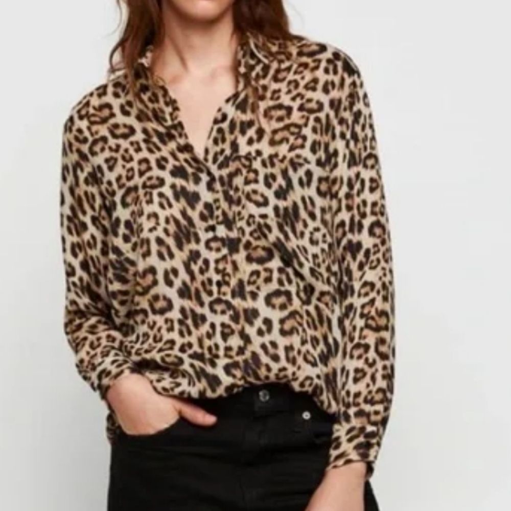 Zara Leopard Button Down Long Sleeve Blouse New With Tags